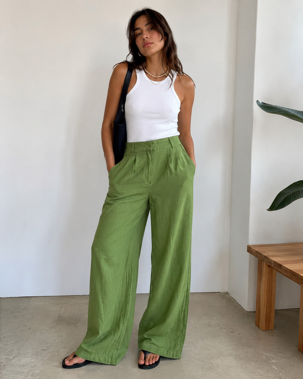 Womens Abercrombie Green Linen Cotton Summer Wide Leg Beach Pants Boho 27 4s